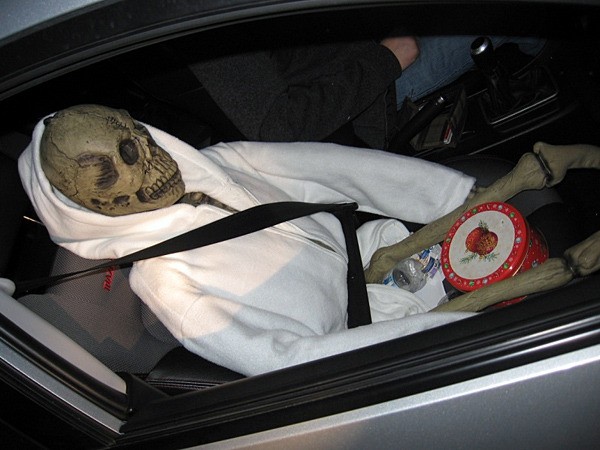 A Washington State Trooper noticed that what he originally believed was a passenger in the vehicle was actually a plastic skeleton wearing a seatbelt and a sweatshirt