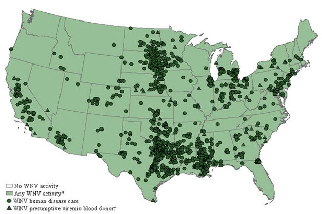 The Centers for Disease Control posted this map of West Nile virus (WNV) activity in the U.S. in 2012 (as of Sept. 4