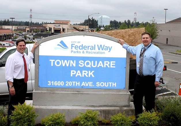 Federal Way Mayor Jim Ferrell (left) stands with John Hutton