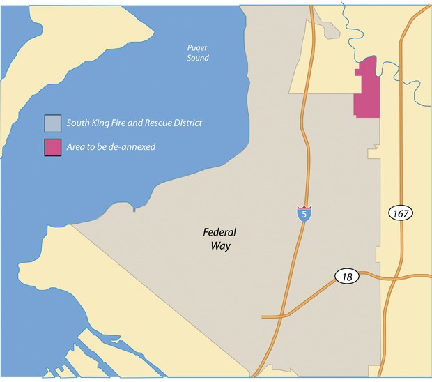 South King Fire and Rescue will try to cede a 1.16-square-mile area (shown in pink) to the Kent Fire Department and has backed off a plan to de-annex the territory. South King Chief Al Church said at a March 22 meeting that the annexation by Kent would be done by citizen petition.