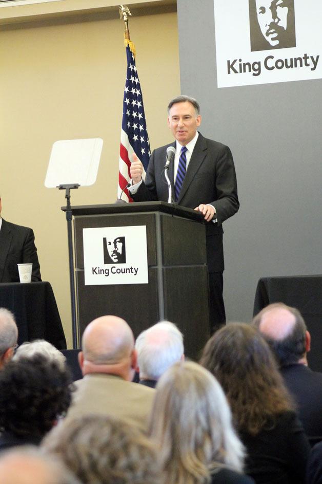 King County Executive Dow Constantine gives a 'thumbs up' during his state of the county address on Monday at the Federal Way Community Center.