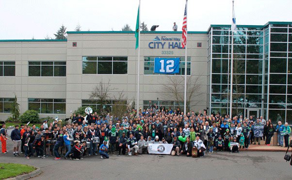 Many gathered for a Seahawks rally at Federal Way City Hall in 2014