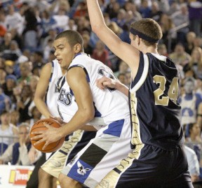 Aaron Broussard is shown during the state basketball playoffs.