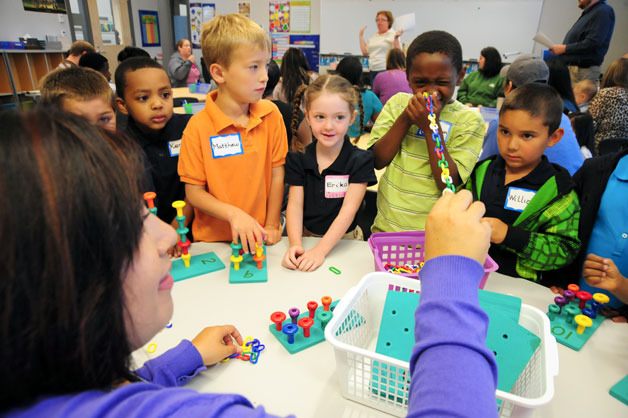 A kindergarten class in the Federal Way school district does activities.