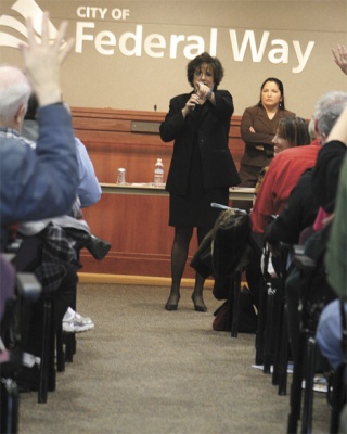 State Sen. Tracey Eide (D-District 30) answers questions during a town hall meeting March 13 in Federal Way.