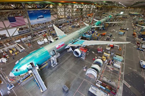 A Boeing 777 on the assembly line in Everett.