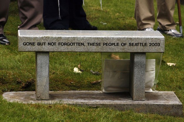 A ceremony June 13 at Mt. Olivet Cemetery in Renton paid tribute to 154 individuals in King County whose remains went unclaimed by their families. Pictured: A bench from a 2003 ceremony.