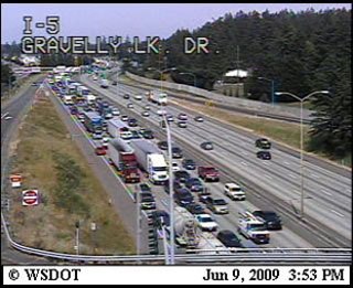 A southbound Interstate- 5 crash near Mounts Road in DuPont caused traffic congestion for 10-plus miles on both southbound and northbound on the Interstate.