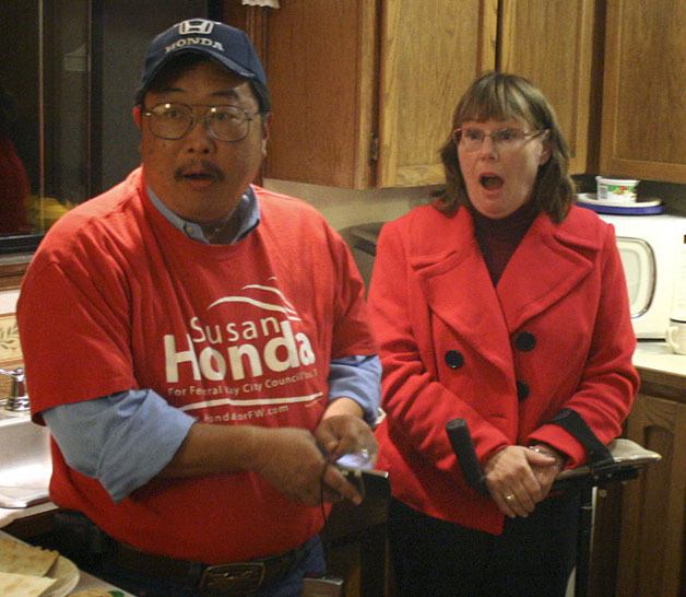 Susan and Bruce Honda react to the news that she is winning the race for Federal Way City Council position 3.