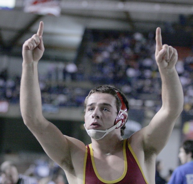 Thomas Jefferson senior Zeke Nistrian celebrates after winning the 152-pound championship at Saturday's Mat Classic State Wrestling Tournament inside the Tacoma Dome.