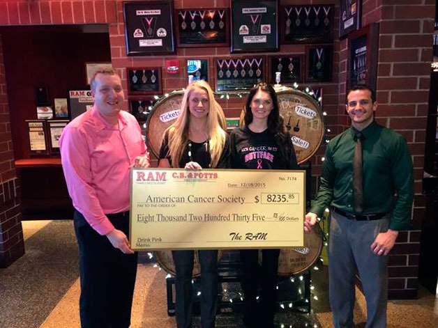 Jacqueline Koch (second from left) from the American Cancer Society was presented with a check by RAM representatives Tom Lubarsky