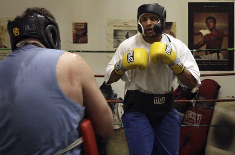 Federal Way resident Vincent Thompson spars with Trevor Roycroft on March 19 at Bumblebee Boxing Gym in Seattle.