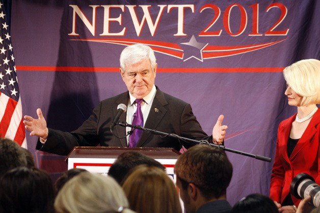 Republican presidential contender Newt Gingrich addresses the crowd at a rally Feb. 24 in Federal Way. Gingrich served as Speaker of the U.S. House of Representatives from 1995 to 1999. He represented Georgia's 6th Congressional District from 1979 to 1999.