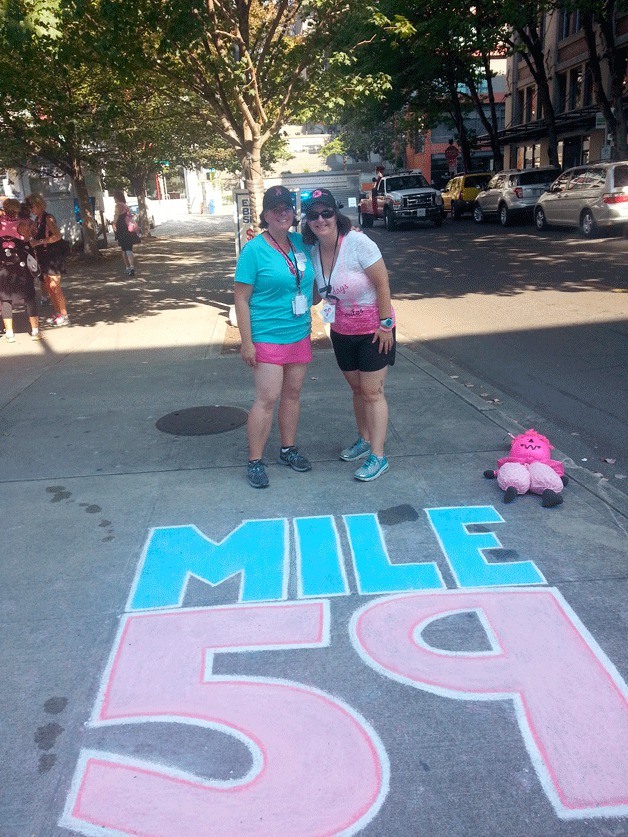 Lisa Lewis (left) and teammate Amy Crandall one mile from the finish line during the recent Seattle Susan G. Komen three-day event.