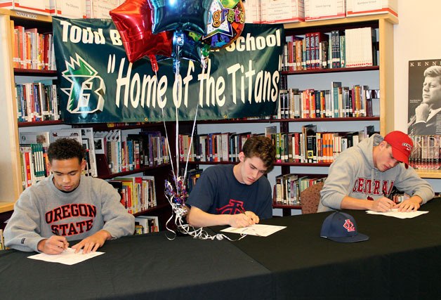 Todd Beamer High School seniors signed off to play sports in college during a ceremony at the school.