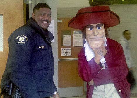 Deputy Eric White with Thomas Jefferson High School’s mascot