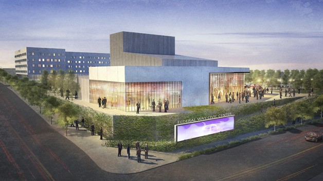 Rendering of the proposed performing arts and conference center on 20th Avenue South near the Federal Way Transit Center.