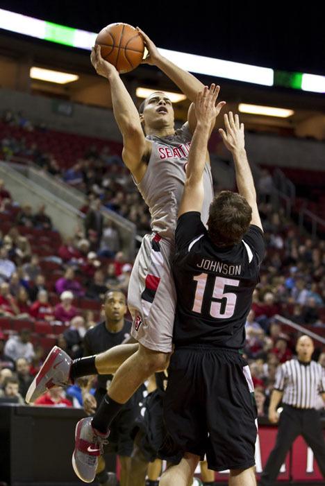 Aaron Broussard goes for a bucket in the lane while playing for Seattle University.