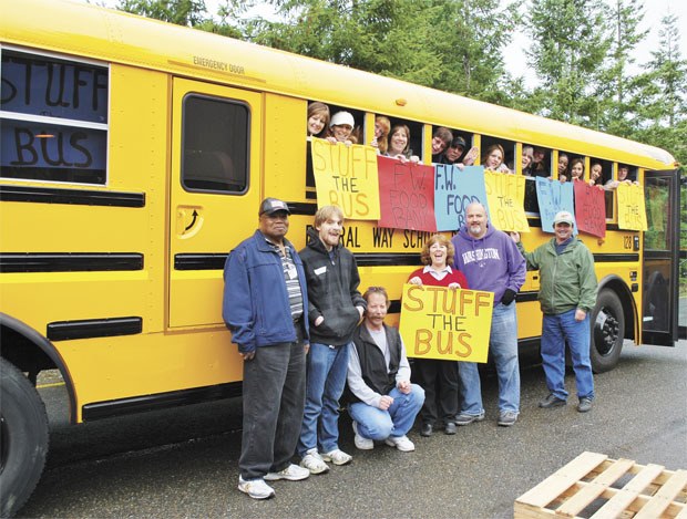 The Federal Way School District’s transportation department exceeded its collection goal during the “Stuff the Bus” food drive.