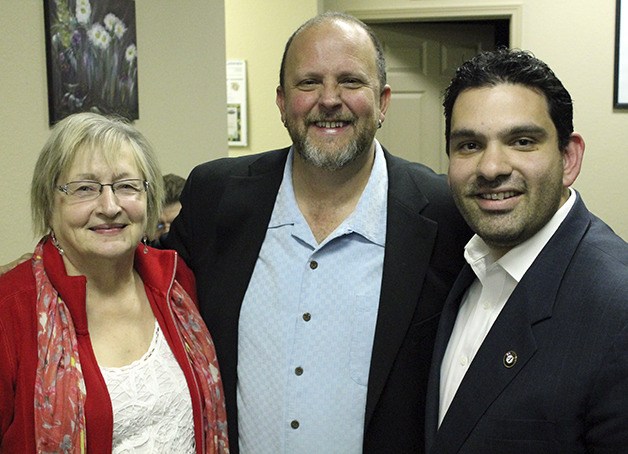 Pictured left to right during an election night gathering at Poverty Bay Coffee: Federal Way School Board candidates Carol Gregory and Geoffery McAnalloy