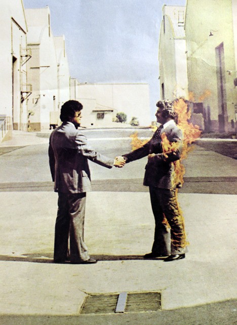 A version of the album cover for Pink Floyd's 1975 classic rock masterpiece 'Wish You Were Here.'