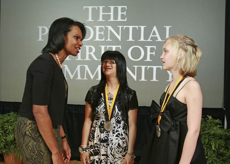 Former Secretary of State Condoleezza Rice congratulates Megan Johnson