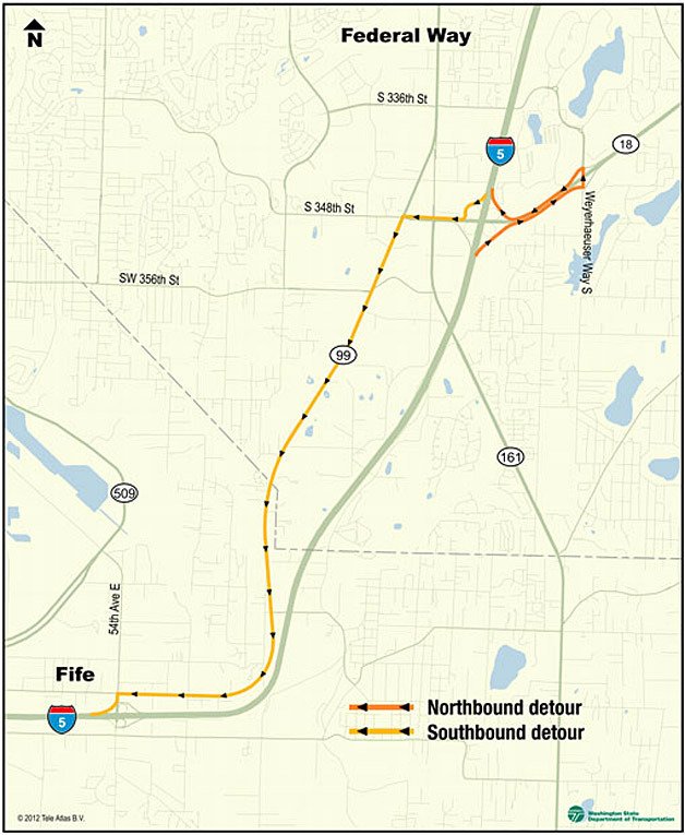 Detour routes for I-5 in February 2012.