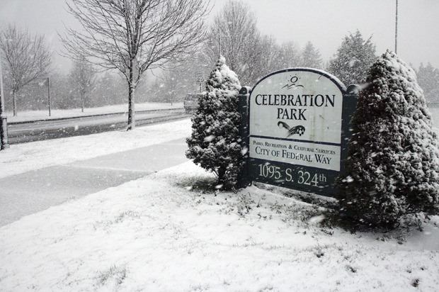 This photo was taken about 3 p.m. Wednesday at Celebration Park in Federal Way as the snow started to get heavy.