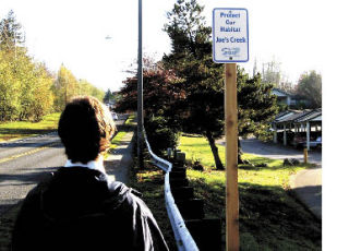 The City of Tacoma’s Make a Splash Program has sponsored the addition of signs identifying the course of Joe’s Creek to those previously installed by the City of Federal Way.  The run of Joe’s Creek  from its headwaters on the Northshore Golf Course to Lake Lorene is now clearly marked so that the communities of Federal Way and NE Tacoma can join in protecting this environmentally sensitive habitat zone. To learn more