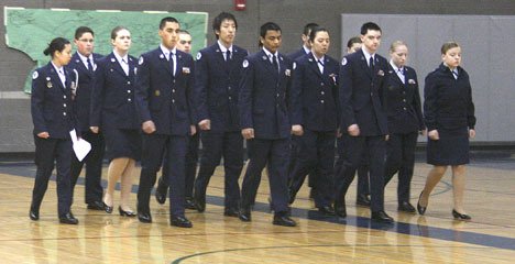 Todd Beamer High School's Junior ROTC drill teams practice marching about 6 a.m. March 6 in the school's gymnasium.