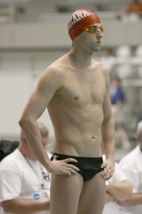 Indiana University’s Steven Murray is one of the few swimmers at the NCAA Championships to wear an old-school Speedo swim suit.