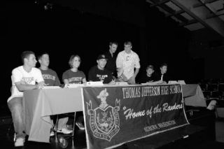 Eight spring sports athletes from Thomas Jefferson participated in the school’s Signing Night on Wednesday inside TJ’s Little Theatre. The athletes all signed their letters of intent to play in the fall at the collegiate level. Participating were
