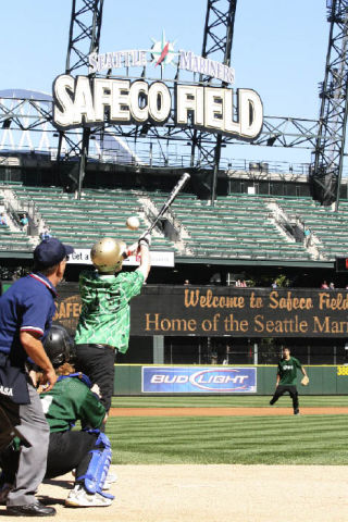 Federal Way Thunder 2 leadoff hitter Nathanial Hoffa fouls off a pitch during Wednesday’s Special Olympics of Washington Day at the Mariners at Safeco Field. Hoffa was one of 22 Federal Way Special Olympians to play a softball game before the Mariners played the Texas Rangers.