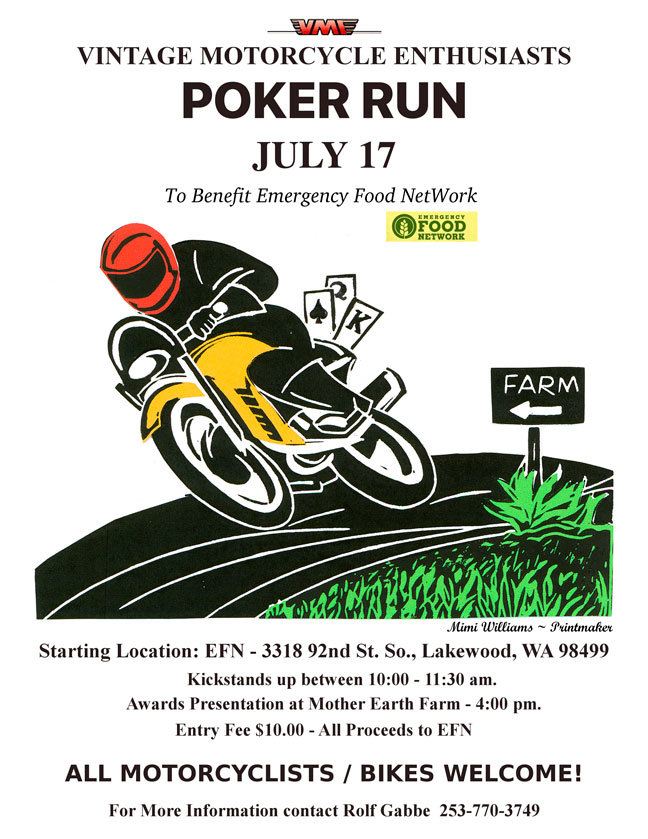 The South Sound Vintage Motorcycle Enthusiasts welcome all motorcyclists to participate in a Poker Run on Sunday