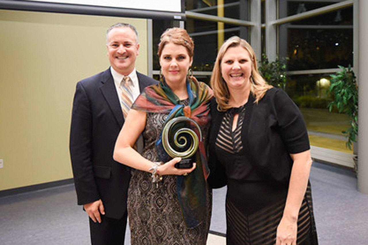 Red Canoe Credit Union representatives accepted the Business Impact Award on behalf of the business at the Greater Federal Way Chamber of Commerce’s gala at Highline College on Saturday, Nov. 12. Courtesy of Greater Federal Way Chamber of Commerce