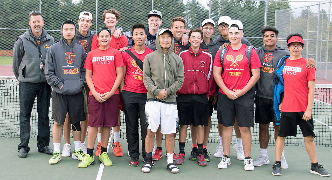The Thomas Jefferson tennis team won the league title Oct. 6 in a 3-2 nail-biter against Auburn-Riverside. The Raiders begin district competition Friday, Oct. 13.  Courtesy Richard Balster