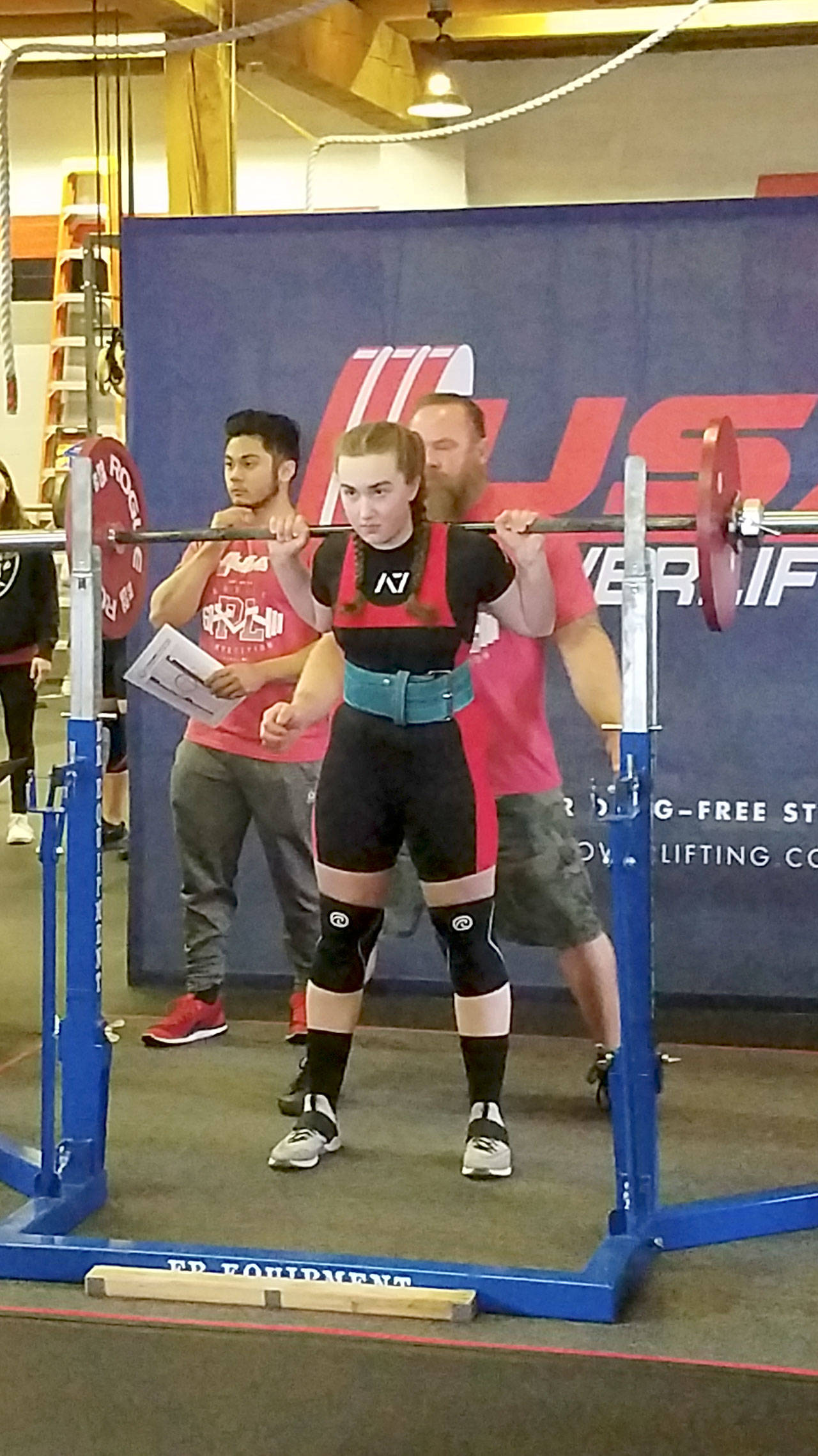 Eighth-grader Jillian Whiting competes in the 2018 USA Powerlifting Rookie Competition at Tacoma Strength in January. She set a state record in the deadlift for the Teen 1 division for 14- and 15-year-old girls with a 259-pound lift. Courtesy Traci Whiting