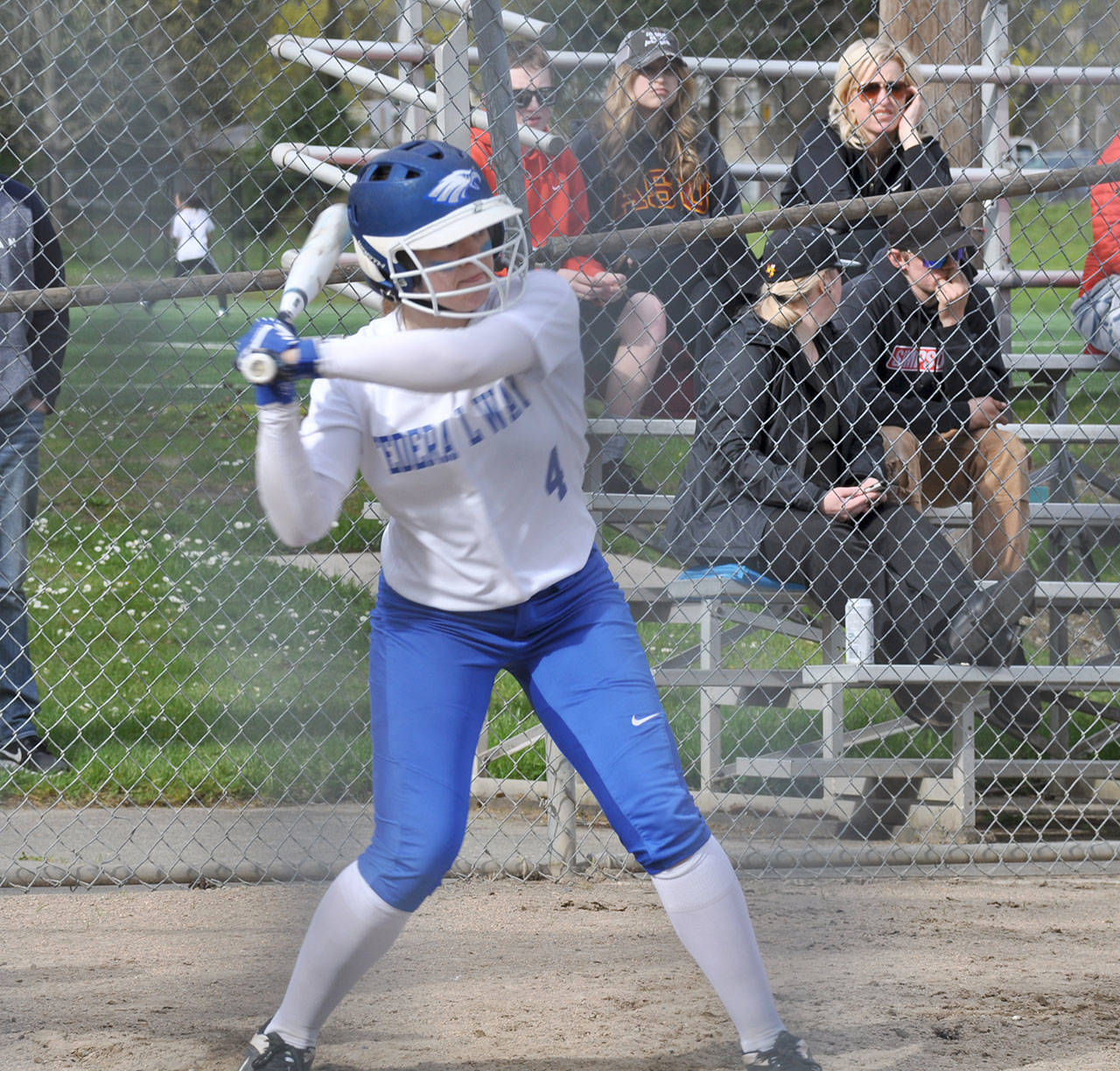 Federal Way’s Cassandra Wright waits for a pitch during the Eagles’ loss to Enumclaw on Wednesday. Wright hit a two-run home run later in the at bat. HEIDI JACOBS, the Mirror