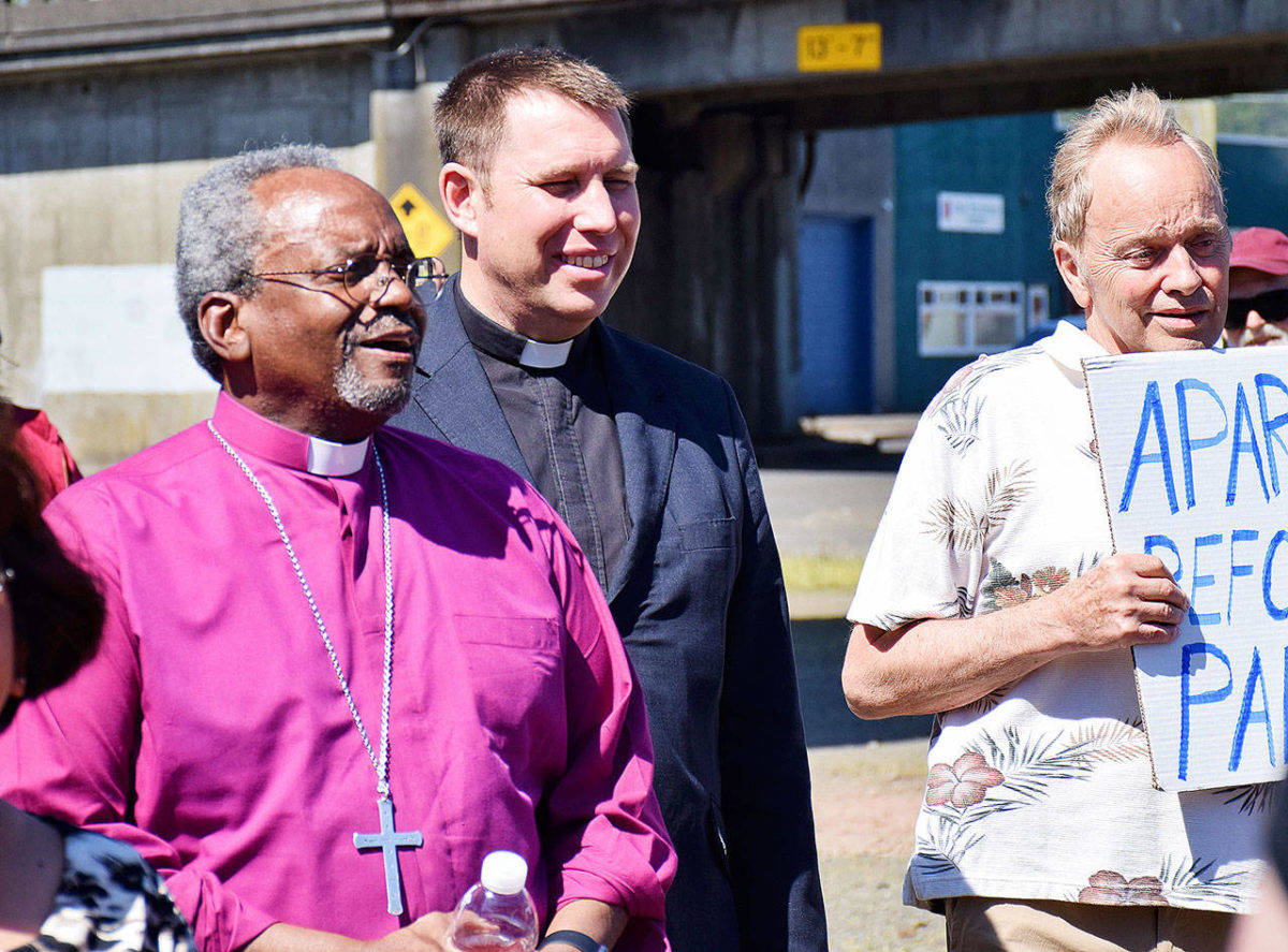 The Rev. Michael Curry, left, the presiding bishop of the Episcopal Church who gained international fame with his sermon at the royal wedding last month, was in Aberdeen on Saturday afternoon for a rally that sought to highlight homelessness. Photo by Scott Johnston