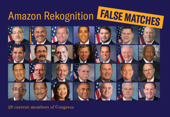 Organizations like the ACLU are pushing against law enforcement using facial recognition software. A recent test of Amazon’s tech falsely identified 28 members of Congress as criminals. Image courtesy ACLU