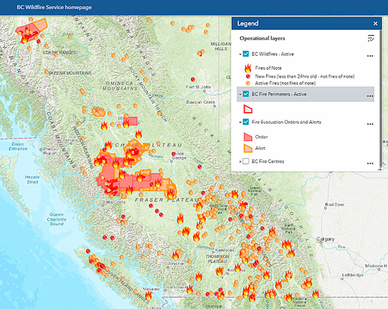 A map of wildfires in British Columbia. Smoke from the fires spread into Washington. COURTESY GRAPHIC, wasmoke.blogspot.com