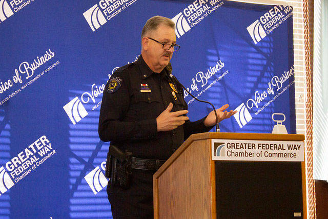 Federal Way Police Cmdr. Chris Norman speaks at the Federal Way Chamber of Commerce luncheon in May about Safe City. Photo courtesy of LaRaye Rushing/Federal Way Chamber