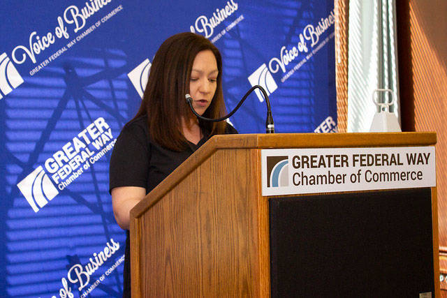 Michelle Roy, crime analyst and crime prevention program coordinator with the Federal Way Police Department, speaks at the Federal Way Chamber of Commerce luncheon in May about the Safe City program. Photo courtesy of LaRaye Rushing/Federal Way Chamber