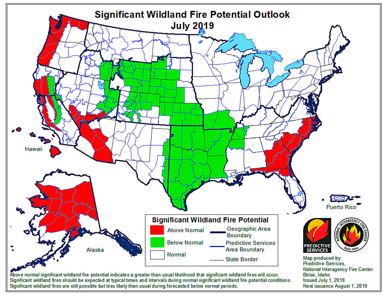 A map by the National Interagency Fire Center in Boise, Idaho, shows Northwestern Washington having an above average potential for wildfires this season. Courtesy photo.