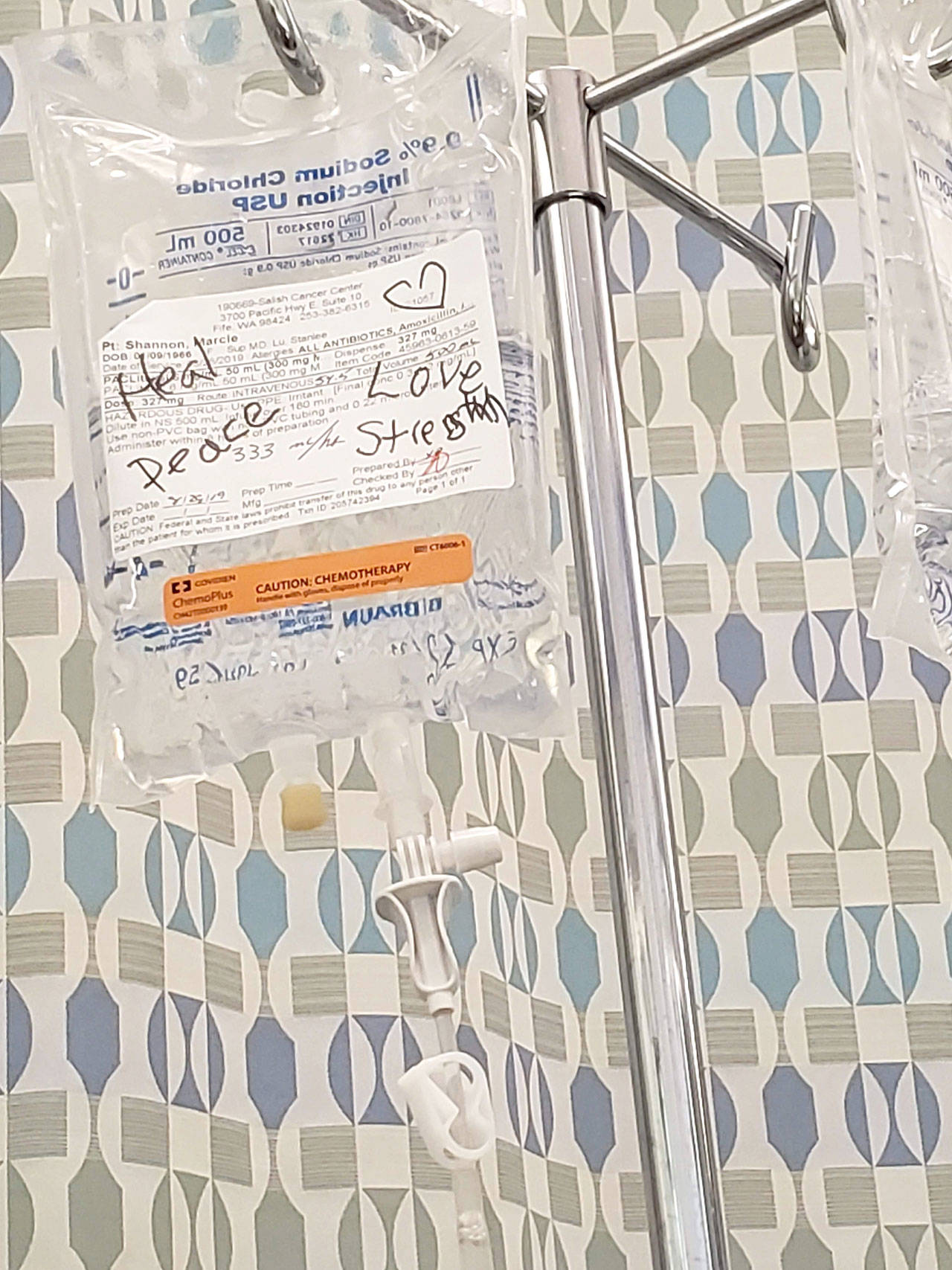 Marcie Shannon wrote words such as “heal, peace, love and strength” on her IV bags to help uplift her during her chemotherapy treatments. Courtesy photo