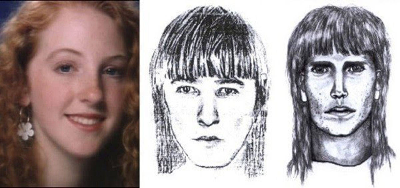 Sarah Yarborough, 16, was murdered on Federal Way High School’s campus in 1991. Next to her photo above are sketches of the suspect provided by witness accounts. Mirror file photos