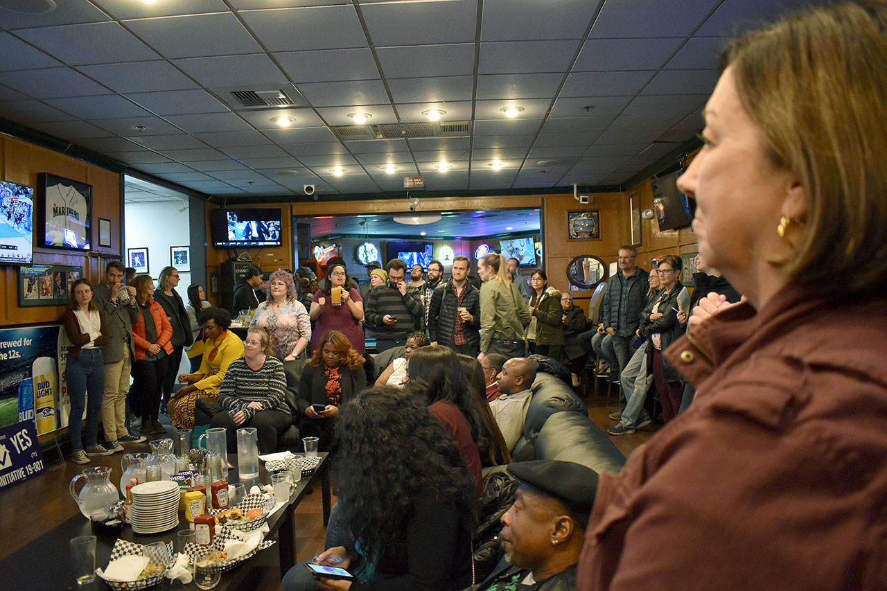 Dozens of supporters and Federal Way community members gather at Scoreboard in Federal Way awaiting initial election results. Haley Donwerth/staff photo