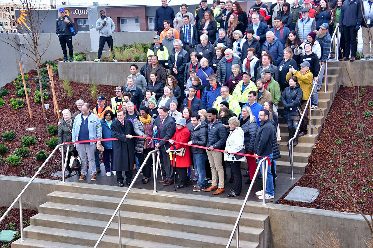City leaders, elected officials, and community members gathered for the ribbon cutting ceremony of the Town Center Steps, at 31510 Pete von Reichbauer Way South,on Wednesday, Dec. 4. Photo courtesy of Bruce Honda