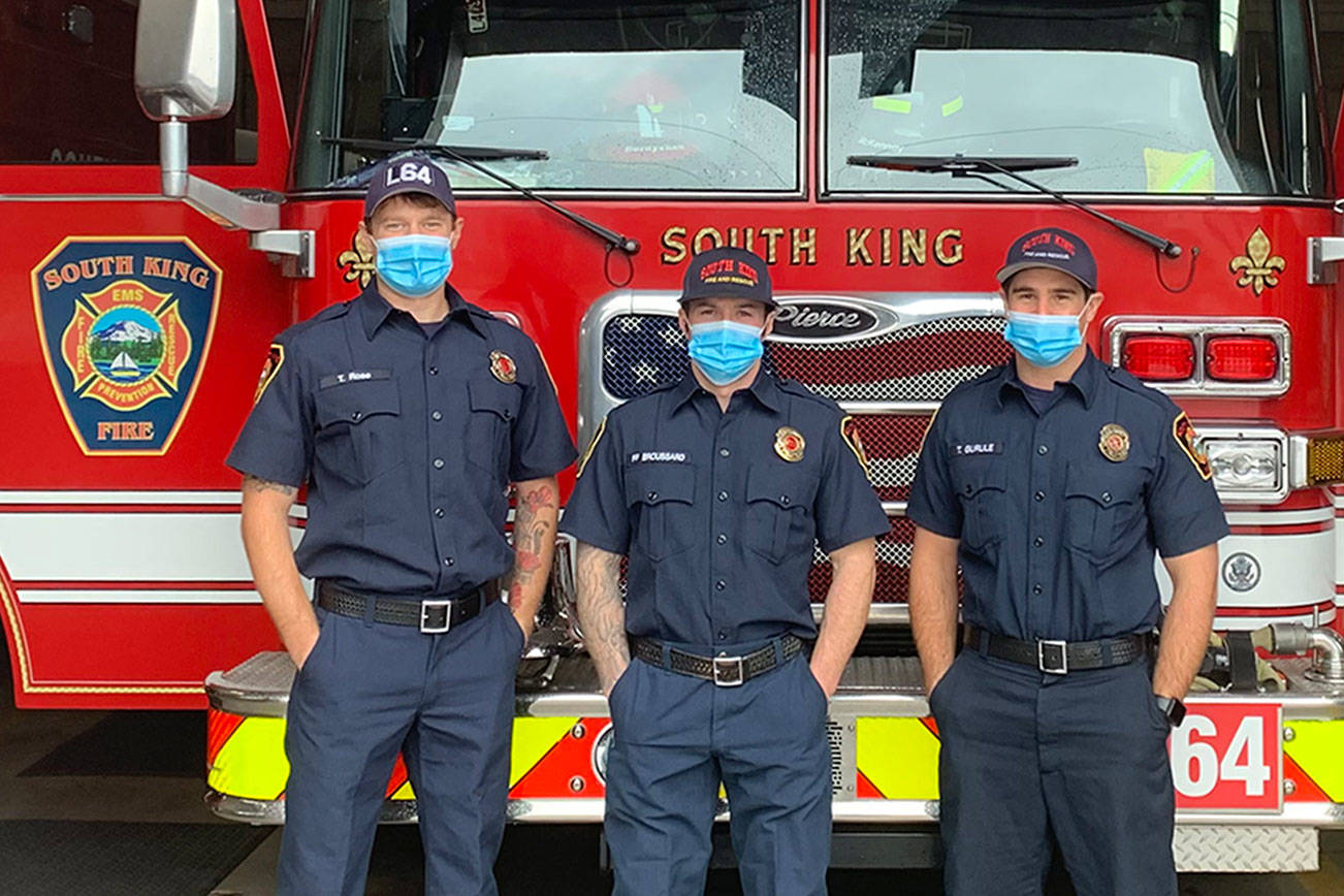 From left to right: Tyrel Rose, Nate Broussard and Tim Gurule served in the US Army together, and now serve the Federal Way and Des Moines communities as South King Fire and Rescue firefighters. Courtesy photo