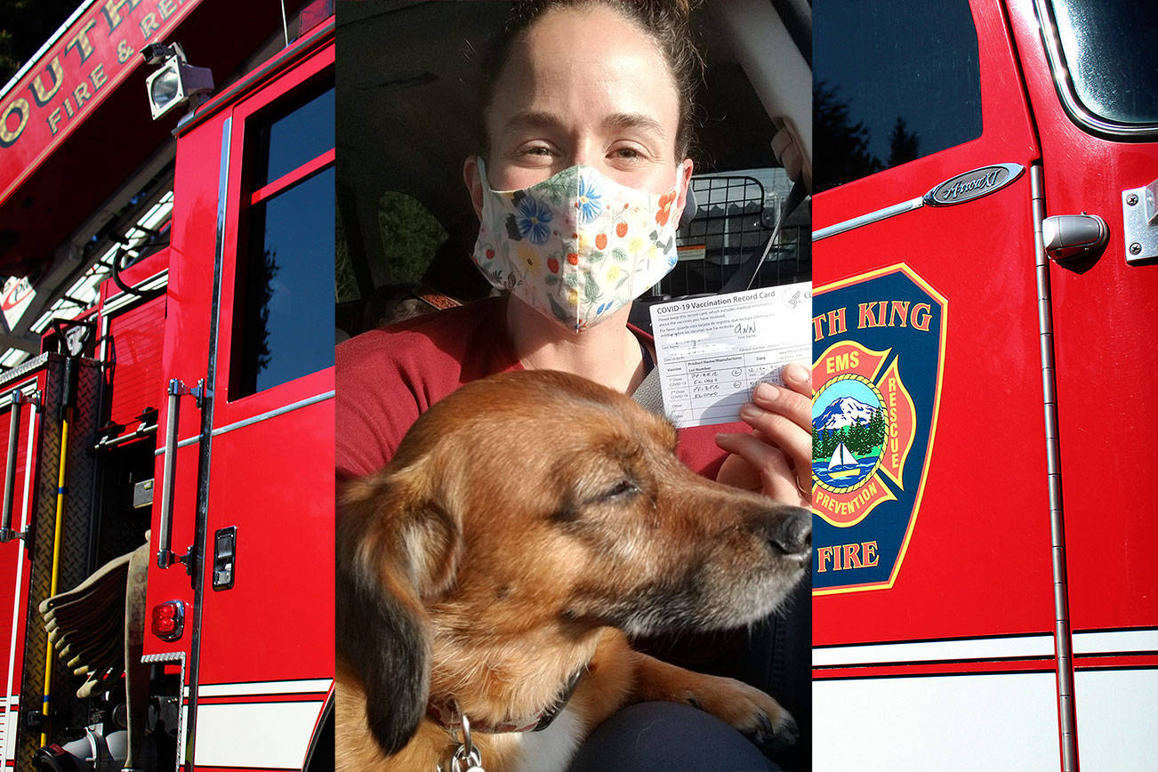 Firefighter Ann Hoag and her dog, Baker, pictured during the 15-minute wait period after Ann received her second dose of the Pfizer vaccine on Jan. 11. Courtesy photo